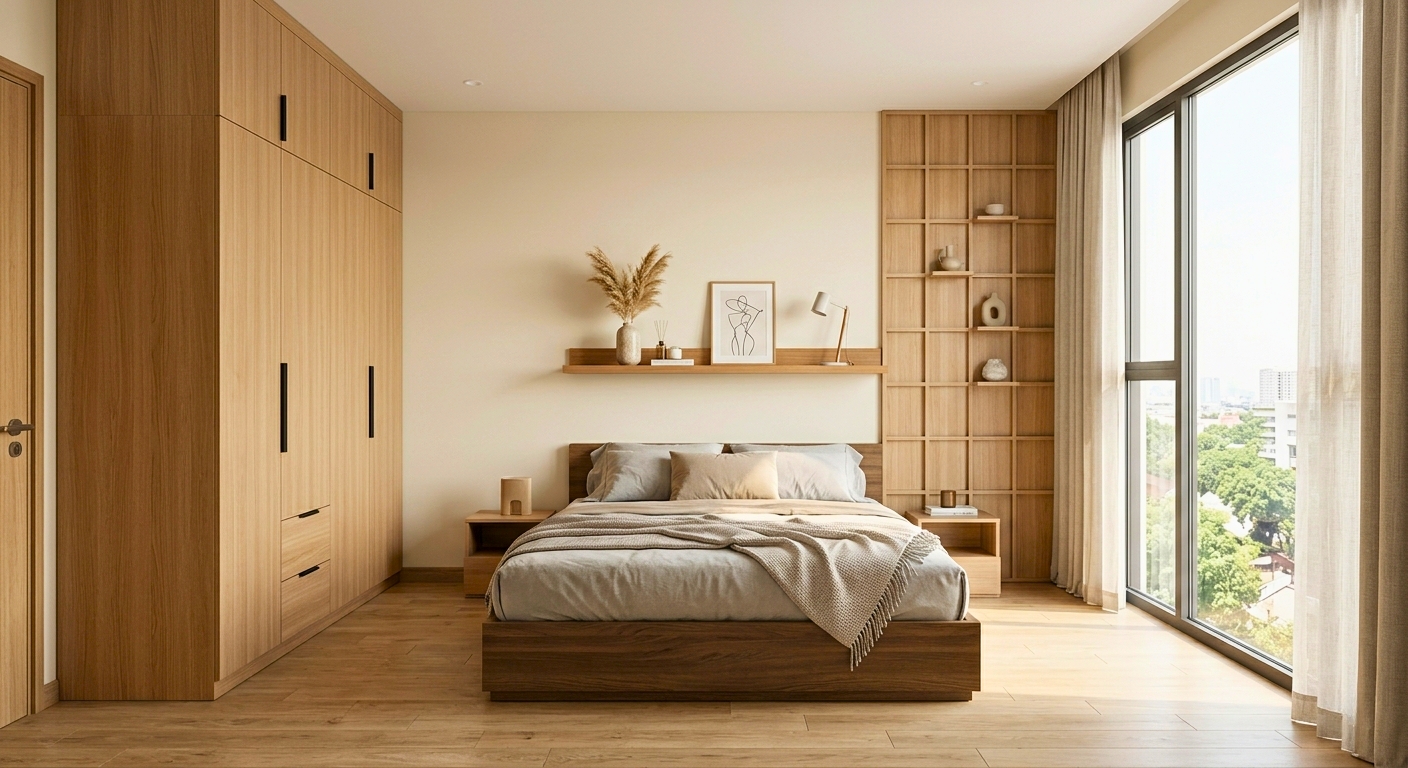 dự án phòng ngủ hoàn thiện sử dụng ván công nghiệp