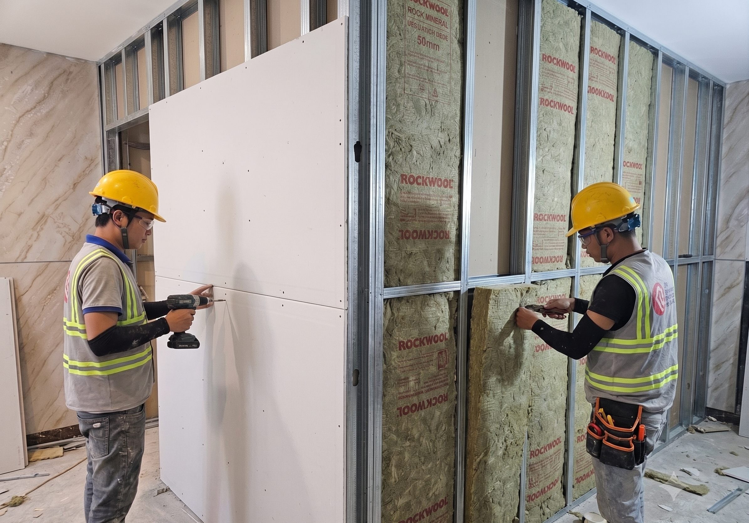 Thi cong he vach cach am khung xuong va bong khoang rockwool